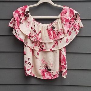 Oddy Tan Pink Red Floral Off the Shoulder Ruffle Top Size Large